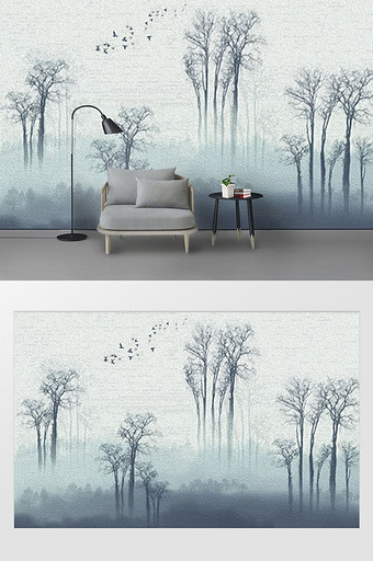 现代唯美迷雾森林蓝灰色大气简约背景墙图片