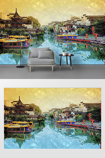 新中式城市风光南京夫子庙客厅电视背景墙图片