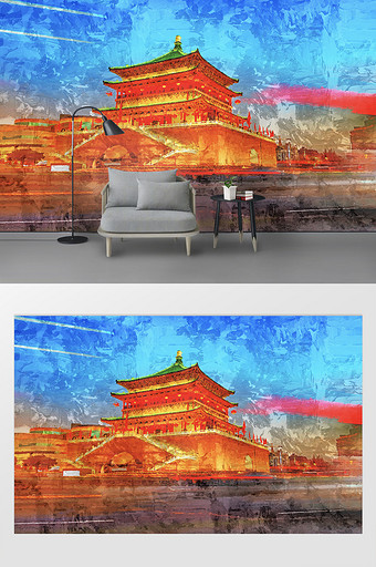 新中式城市风光西安古镇客厅电视背景墙图片