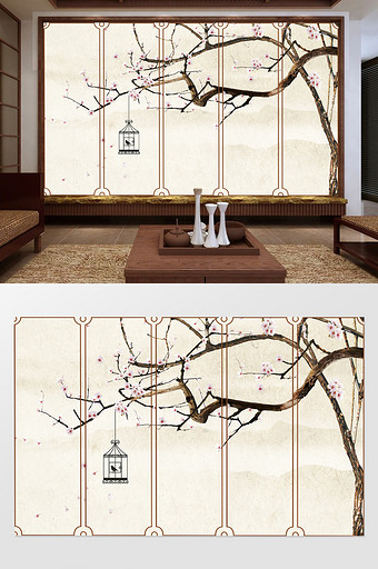 中式手绘花鸟树木电视背景墙图片