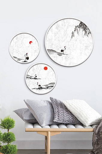 新中式水墨手绘意境山水仙鹤装饰画图片