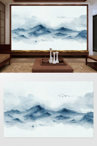 中式蓝色水墨山水背景墙图片
