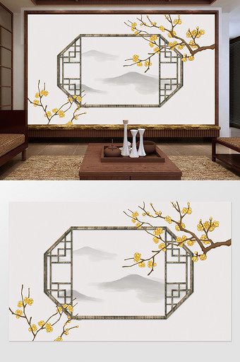 新中式花鸟花枝电视背景墙定制图片
