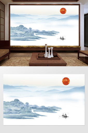 新中式水墨山水画意境电视背景墙图片