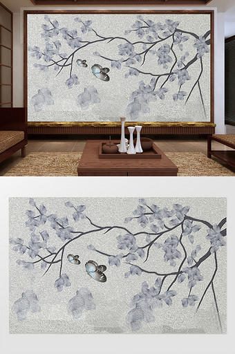 现代唯美简约新中式典雅花卉蓝色背景墙图片