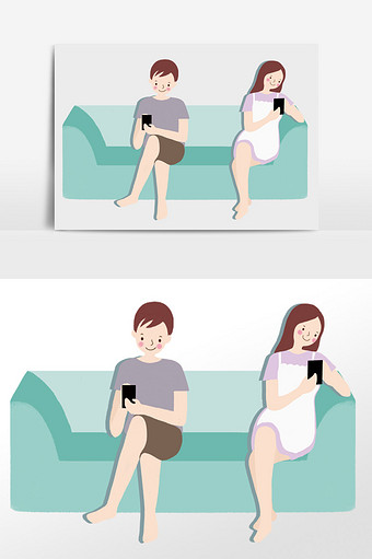 卡通浪漫手绘情侣在家坐沙发玩手机低头族图片