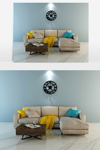 灰色沙发 黄蓝色抱枕 实木茶几 木质挂表图片