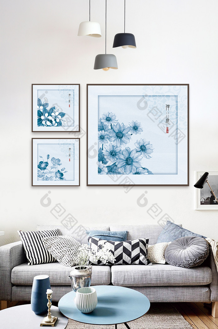 蓝色中式简约花朵现代新中式装饰画图案设计图片图片