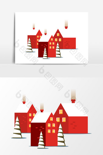 剪纸风风格冬季红色房子建筑矢量素材图片
