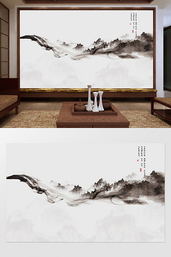 新中式抽象水墨线条烟雾山水电视背景墙图片