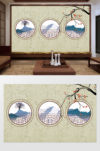 新中式花枝山水电视背景墙定制图片