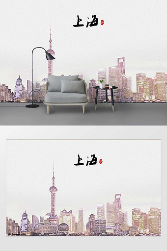现代素描油画上海城市剪影地标背景墙图片