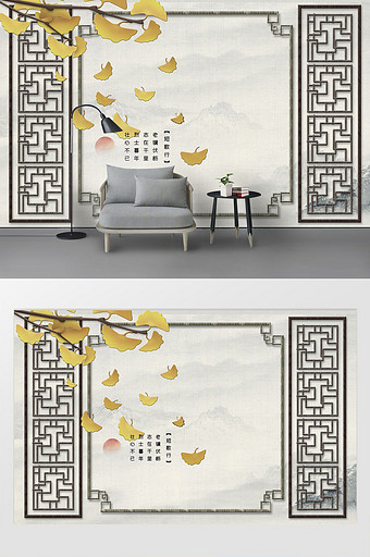 银杏手绘工笔花鸟新中式背景墙图片