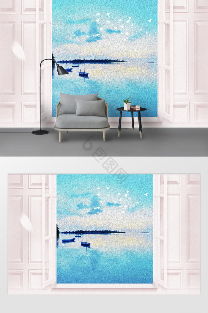 现代立体欧式窗户蓝色海景壁画电视背景墙