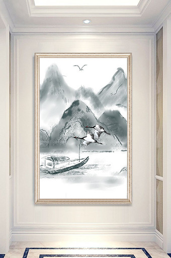新中式水墨意境抽象白鹤小船山水玄关装饰画图片