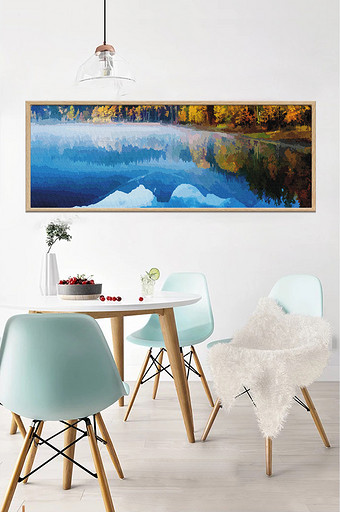 北欧油画风景湖面蓝色装饰画素材背景墙图片