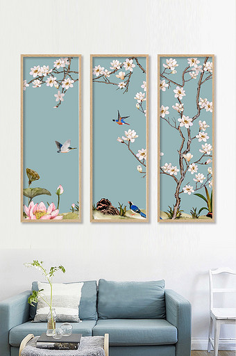 新中式梅花动物飞鸟植物装饰画素材背景墙图片