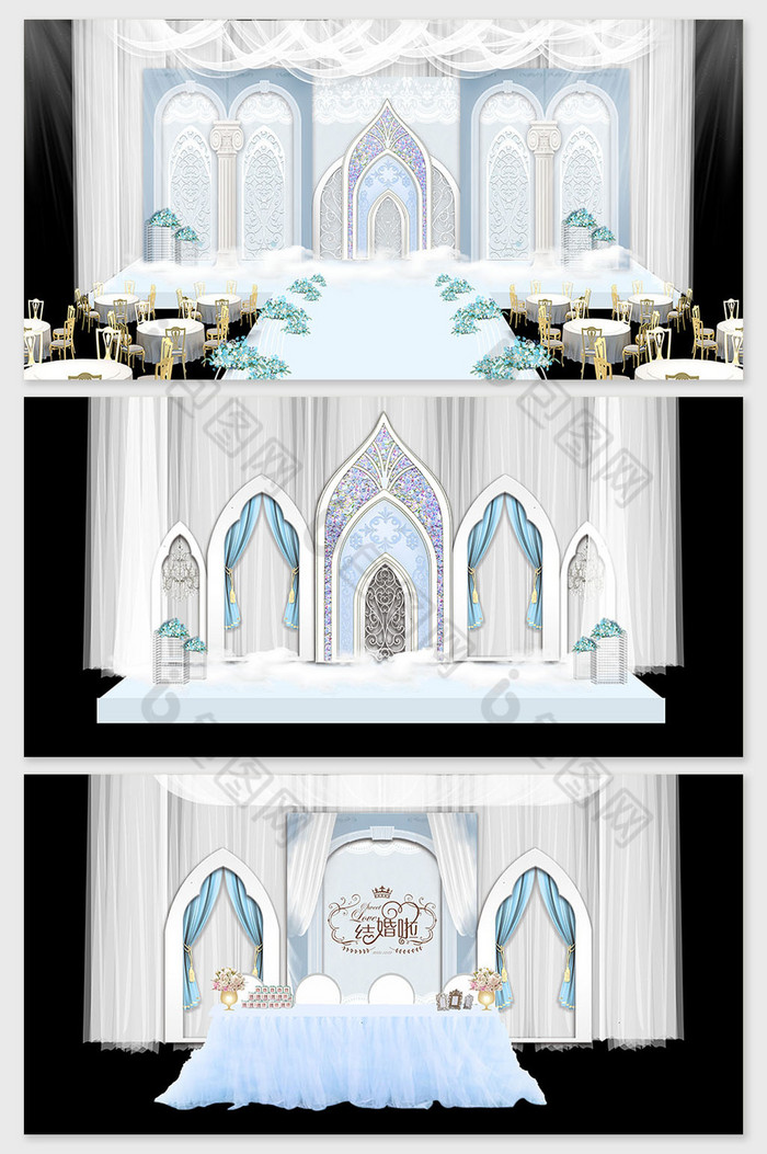 唯美欧式简约蓝色教堂婚礼舞台效果图图片图片