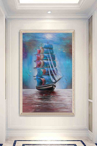 现代欧式油画古典帆船玄关装饰画图片