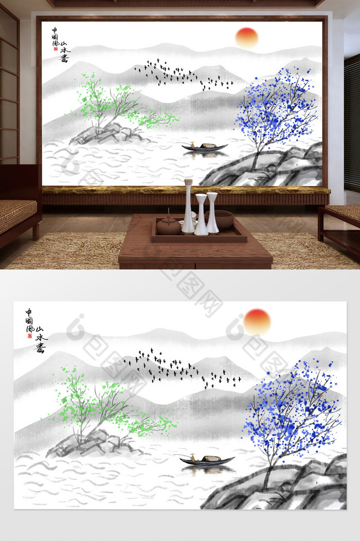 禅意山水简约背景墙图片