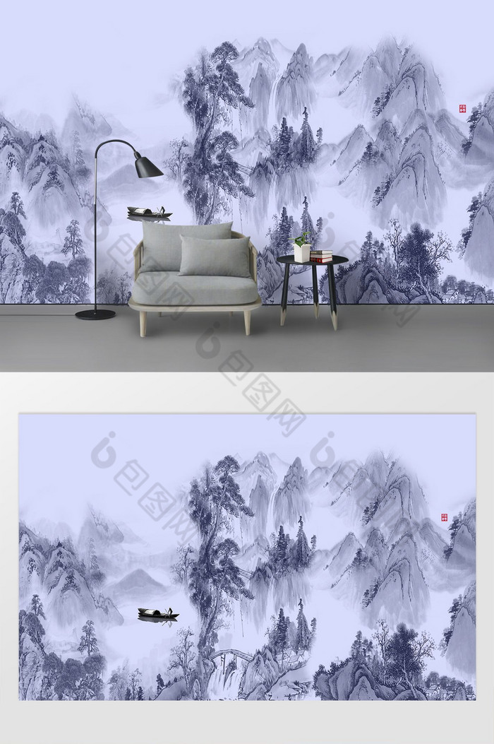 新中式山水水墨国画抽象山水背景墙图片图片