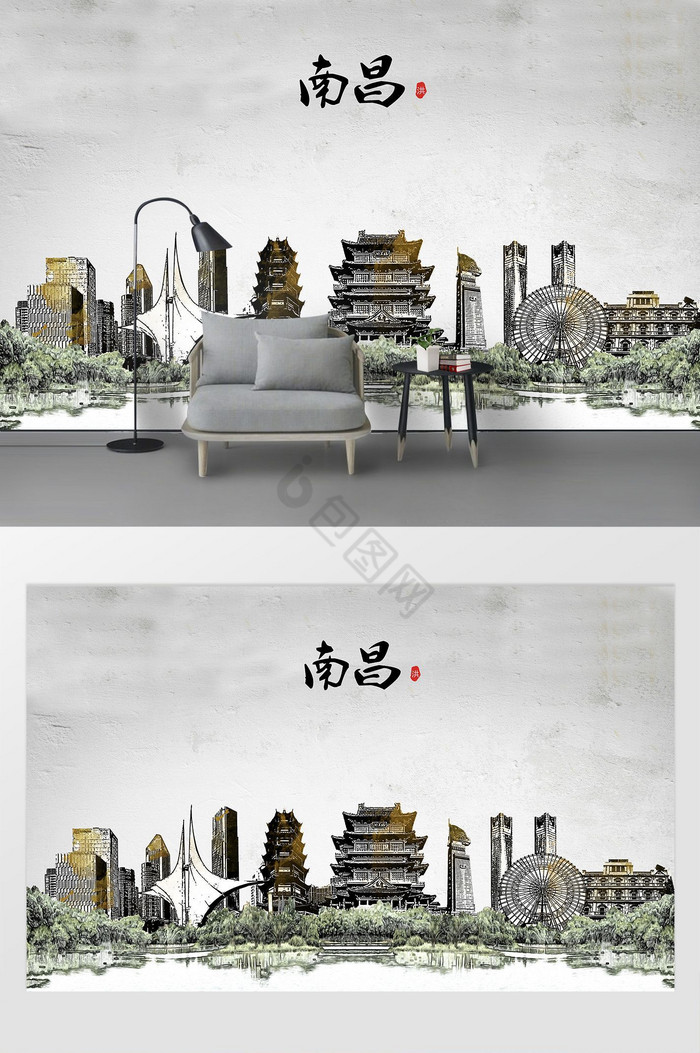现代简约素描油画南昌城市剪影背景墙