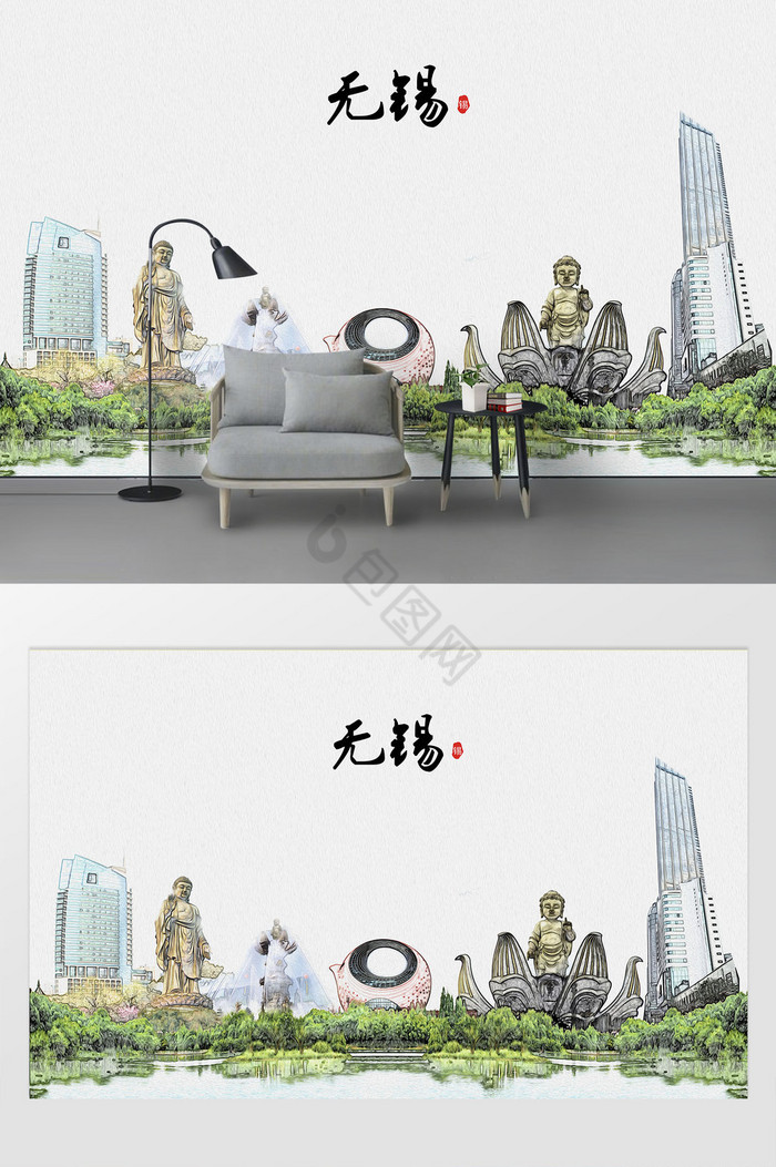 现代简约素描油画无锡城市剪影背景墙