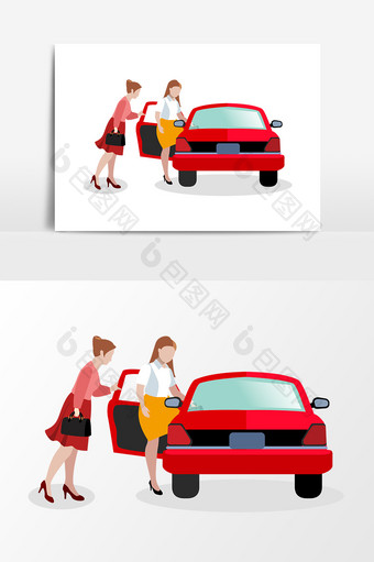 卡通美女乘红色出租车矢量素材图片