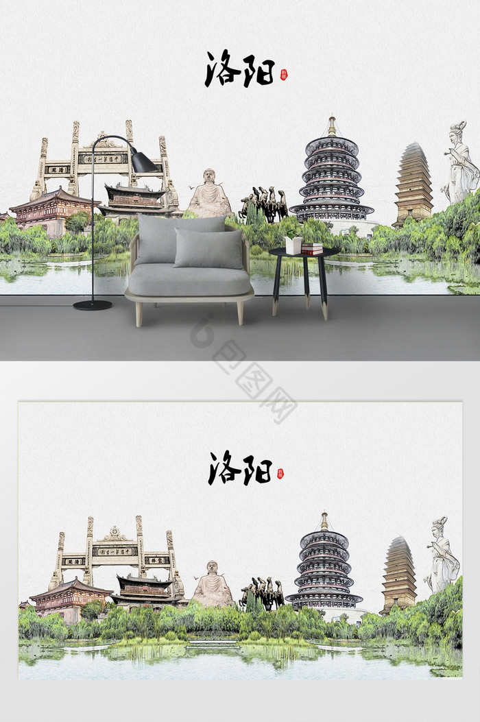 现代简约素描油画洛阳城市剪影背景墙图片