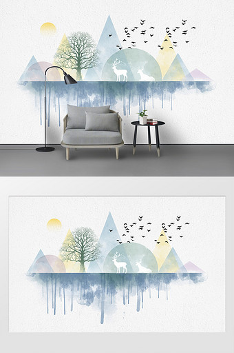 现代简约水彩水墨几何山水北欧风电视背景墙图片