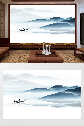 新中式水墨国画抽象山水背景墙江山倒影图片