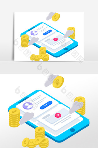 手绘金额2.5D科技手机货币插画素材图片