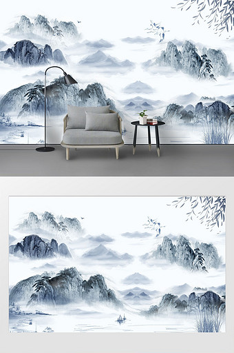 新中式水墨国画抽象山水背景墙碧水青山图片