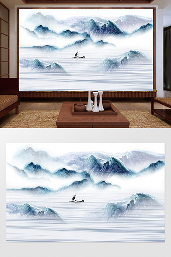 新中式水墨国画抽象山水背景墙国画山水图片