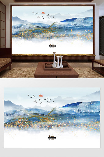 中国风唯美蓝色水墨山水背景墙图片