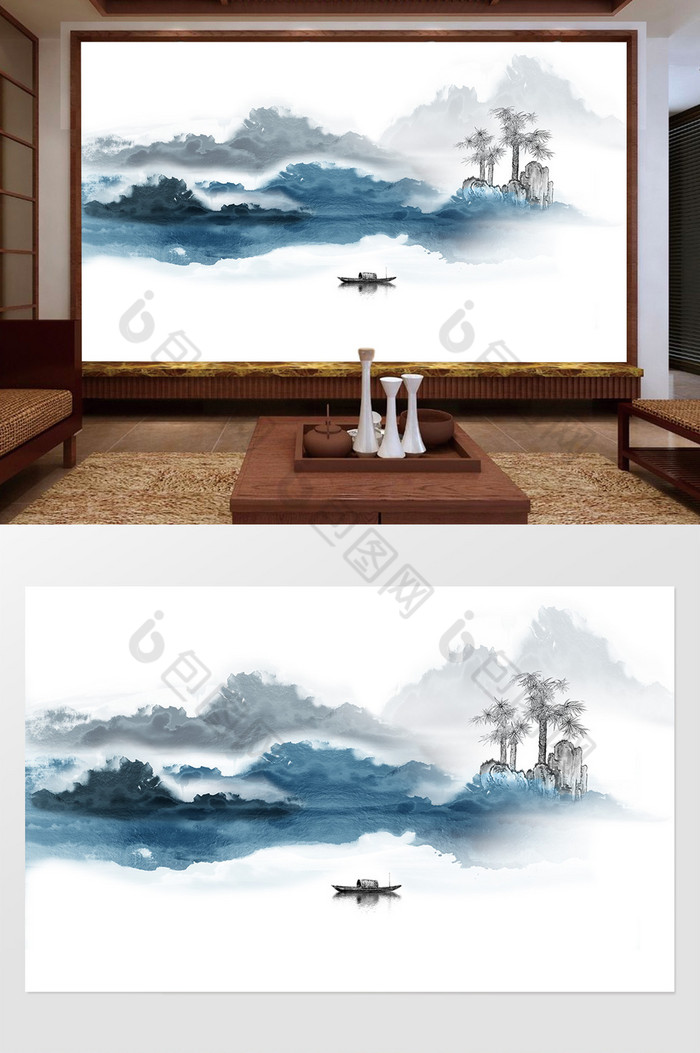 新中式水墨国画抽象山水背景墙山河印象图片图片