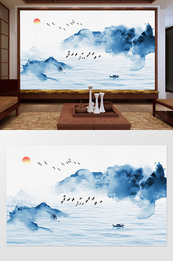 新中式蓝色水墨山水风景唯美电视背景墙图片