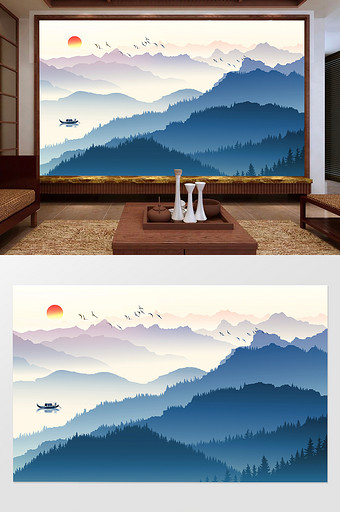 中国风蓝色水墨山水风景意境电视背景墙图片