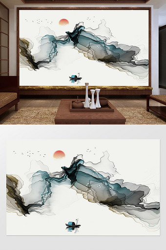 新中式抽象水墨山水唯美电视背景墙图片