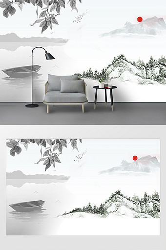 新中式抽象水墨风山水电视背景墙图片