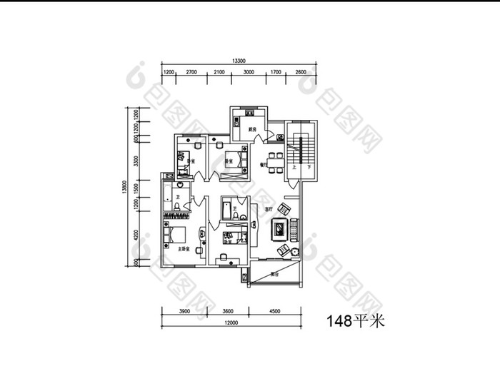 四室两厅146平米大户型CAD家装布局图