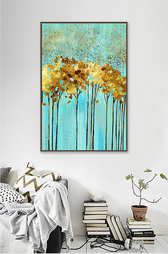 北欧植物抽象金色树叶金箔斑点装饰画图片