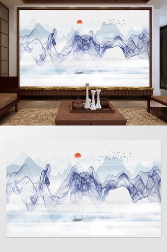 新中式唯美蓝色水墨山水电视背景墙图片