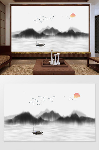新中式水墨意境山水空间背景墙图片