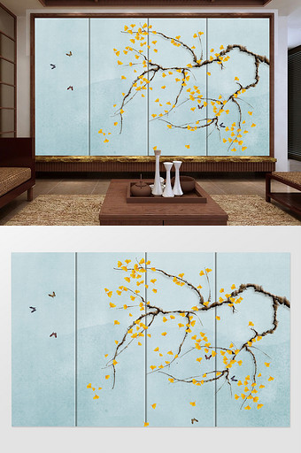 现代手绘新中式银杏工笔花鸟背景墙装饰画图片