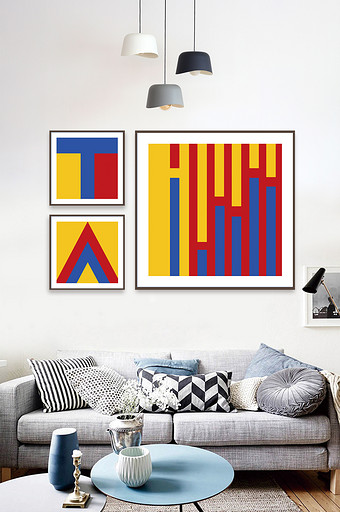 现代简约红黄蓝几何创意组合装饰画图片
