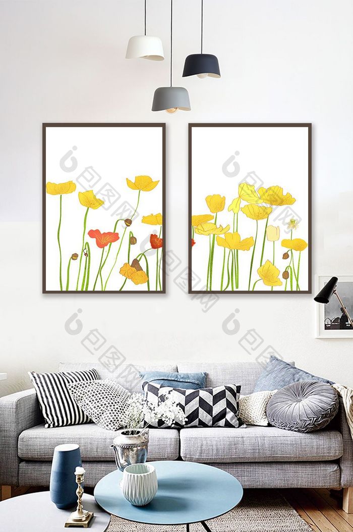 北欧抽象植物圆形植物画作装饰画素材墙