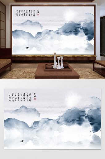 水墨新中式山水飞鸟客厅抽象蓝色电视背景墙图片