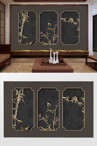 新中式立体金色竹子小鸟浮雕背景墙图片