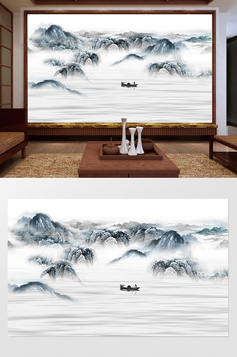 新中式水墨禅意山水画电视背景墙远山图片